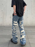 Jinquedai Men's American Vintage Distressed Jeans High Street Straight Tube Loose Fitting Pants Ripped Denim Trendy Y2k mysite