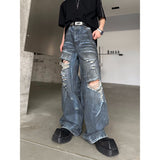 Jinquedai outfit inspo Niche Blue Washed Mud Dyed Ripped Jeans Summer New Ins Style Loose Trendy Long Pants