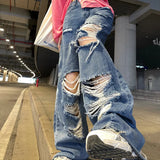 Jinquedai Men's American Vintage Distressed Jeans High Street Straight Tube Loose Fitting Pants Ripped Denim Trendy Y2k mysite