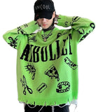 Jinquedai Autumn Winter Ripped Hole Punk Hip Hop Sweater Men Red Green Yellow Color Oversized Pullover Korean Style Graffiti Jersey Hombre jinquedai