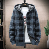 Jinquedai Men's New Winter Plaid Sweater Hooded Cardigan Cold Coat Wool Zipper Jacket Autumn Fleece Warm Clothes Checkered Knit Jumper jinquedai