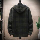 Jinquedai Men's New Winter Plaid Sweater Hooded Cardigan Cold Coat Wool Zipper Jacket Autumn Fleece Warm Clothes Checkered Knit Jumper jinquedai