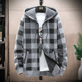 Jinquedai Men's New Winter Plaid Sweater Hooded Cardigan Cold Coat Wool Zipper Jacket Autumn Fleece Warm Clothes Checkered Knit Jumper jinquedai