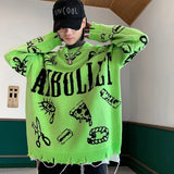 Jinquedai Autumn Winter Ripped Hole Punk Hip Hop Sweater Men Red Green Yellow Color Oversized Pullover Korean Style Graffiti Jersey Hombre jinquedai