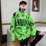 Jinquedai Autumn Winter Ripped Hole Punk Hip Hop Sweater Men Red Green Yellow Color Oversized Pullover Korean Style Graffiti Jersey Hombre jinquedai