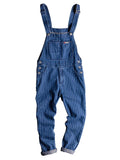 Jinquedai Men's Stripe Printed Blue Denim Bib Overalls Suspenders Jumpsuits Coveralls Youth Jeans