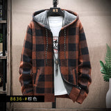 Jinquedai Men's New Winter Plaid Sweater Hooded Cardigan Cold Coat Wool Zipper Jacket Autumn Fleece Warm Clothes Checkered Knit Jumper jinquedai