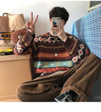 Men's Knitted Vintage Graphic Sweater with Pattern Brown Blue Pullovers Sweaters and Jumpers Korean Streetwear Harajuku jinquedai