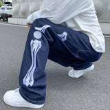 Jinquedai Skeleton Embroidery Straight Jean Pants Couples Mopping Trousers Men Streetwear Denim Pants Men's Clothing Jeans for Men Baggy jinquedai