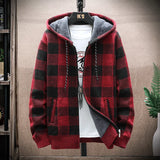 Jinquedai Men's New Winter Plaid Sweater Hooded Cardigan Cold Coat Wool Zipper Jacket Autumn Fleece Warm Clothes Checkered Knit Jumper jinquedai