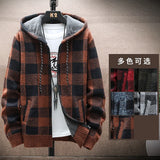 Jinquedai Men's New Winter Plaid Sweater Hooded Cardigan Cold Coat Wool Zipper Jacket Autumn Fleece Warm Clothes Checkered Knit Jumper jinquedai