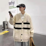 Jinquedai masc outfits Cardigan V-neck Sweater Autumn and Winter Men's Sweater Lazy Style Top Striped Color Matching Loose College Coat jinquedai