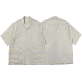 Jinquedai men fall outfits Japanese Cityboy Profile Striped Cuban Collar Short Sleeve Shirt Men's and Women's Loose Cotton Seersucker Half Sleeve Shirt jinquedai