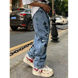 Jinquedai outfits for men American High Street Original Patch Cross Embroidered Jeans Men's and Women's National Fashion All-Match Slim Slimming Long Pants Fashion jinquedai