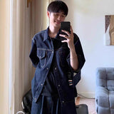 Jinquedai boy outfits Summer New Denim Suit Men's American Street Loose Casual Dark Blue Shirt Wide Leg Cropped Pants Two-Piece Set jinquedai