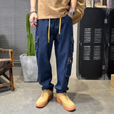 Jinquedai 90s streetwear Primary Color Men's Jeans Trendy Multi-Bag Workwear Jeans Men's Loose Dark Blue Straight Jeans Men's Pants jinquedai