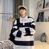 Jinquedai outfits for men Retro Color Matching Striped Long-Sleeved Polo Shirt Men's Fashion Brand Loose Boyfriend Style Couple Casual Sweater Jacket jinquedai