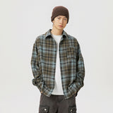 Jinquedai fall mens outfits American Retro Plaid Shirt Men's Autumn New Lapel Patch Bag Design Couple Loose Long Sleeve Shirt Coat Women jinquedai