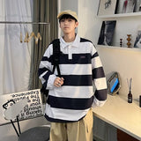 Jinquedai outfits for men Retro Color Matching Striped Long-Sleeved Polo Shirt Men's Fashion Brand Loose Boyfriend Style Couple Casual Sweater Jacket jinquedai