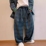 Jinquedai 90s fashion Autumn New Loose Couple's Retro Green Plaid Wide-Leg Pants Men's Casual Lazy Straight Casual Pants Fashion jinquedai