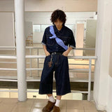 Jinquedai boy outfits Summer New Denim Suit Men's American Street Loose Casual Dark Blue Shirt Wide Leg Cropped Pants Two-Piece Set jinquedai