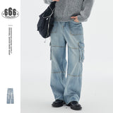 Jinquedai fall fits men Ouswe American Heavy Industry Vintage Washed Jeans Men's Loose Pocket Overalls Wide Leg Pants Rk82