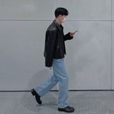 Jinquedai masculine men Short Motorcycle Leather Jacket Men's Autumn New Korean Style Trendy High-Grade Lapel Loose Leather Jacket jinquedai