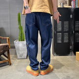 Jinquedai 90s streetwear Primary Color Men's Jeans Trendy Multi-Bag Workwear Jeans Men's Loose Dark Blue Straight Jeans Men's Pants jinquedai