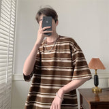 Jinquedai outfits for men Summer American Retro Shirt Cotton Striped Short Sleeve Casual Loose T-shirt Boys Trendy All-Matching Top Clothing jinquedai