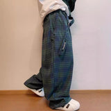 Jinquedai 90s fashion Autumn New Loose Couple's Retro Green Plaid Wide-Leg Pants Men's Casual Lazy Straight Casual Pants Fashion