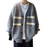 Jinquedai masc outfits Cardigan V-neck Sweater Autumn and Winter Men's Sweater Lazy Style Top Striped Color Matching Loose College Coat jinquedai