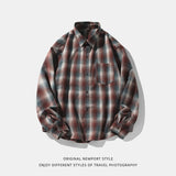 Jinquedai fall mens outfits American Retro Plaid Shirt Men's Autumn New Lapel Patch Bag Design Couple Loose Long Sleeve Shirt Coat Women jinquedai