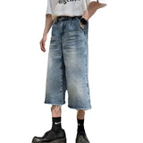 Jinquedai 2024 fall fashion trends American Niche Frayed Design Jeans Men's Summer Straight Loose Casual All-Match Wide-Leg Cropped Pants jinquedai