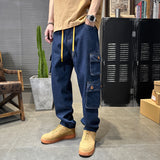 Jinquedai 90s streetwear Primary Color Men's Jeans Trendy Multi-Bag Workwear Jeans Men's Loose Dark Blue Straight Jeans Men's Pants jinquedai