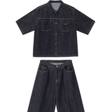 Jinquedai boy outfits Summer New Denim Suit Men's American Street Loose Casual Dark Blue Shirt Wide Leg Cropped Pants Two-Piece Set jinquedai