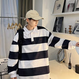 Jinquedai outfits for men Retro Color Matching Striped Long-Sleeved Polo Shirt Men's Fashion Brand Loose Boyfriend Style Couple Casual Sweater Jacket jinquedai