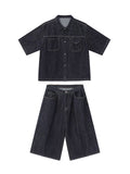 Jinquedai boy outfits Summer New Denim Suit Men's American Street Loose Casual Dark Blue Shirt Wide Leg Cropped Pants Two-Piece Set jinquedai