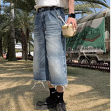 Jinquedai 2024 fall fashion trends American Niche Frayed Design Jeans Men's Summer Straight Loose Casual All-Match Wide-Leg Cropped Pants jinquedai