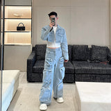 Jinquedai mens fall outfits Spring Niche Design Heavy-Duty Washed Denim Three-Dimensional Multi-Pocket Wide-Leg Pants Short Suit W10496 5295 jinquedai