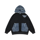 Jinquedai fall outfits 2024 American Retro Blue Denim Stitching Embroidered Hooded Sweater Men's Autumn Loose Top jinquedai