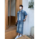 Jinquedai 2024 fall fashion trends Korean Style Trendy Niche Lapel Short Sleeve Frayed Edge Denim Suit Casual Loose Straight Washed Denim Cropped Pants jinquedai