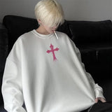 Jinquedai non binary outfits American Fashion Dark Style High Street Loose round Neck Sweater Design Cross Print Niche Pullover Top Clothes jinquedai
