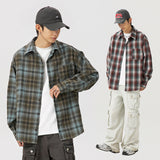Jinquedai fall mens outfits American Retro Plaid Shirt Men's Autumn New Lapel Patch Bag Design Couple Loose Long Sleeve Shirt Coat Women jinquedai
