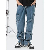 Jinquedai dti outfits American Lace-up Jeans Men's Niche Design High Street Pants Vibe Pants Loose Straight Trousers