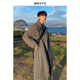 Jinquedai winter outfits men Myq Herringbone Coat Men's Mid-Length Korean Style Trendy over-the-Knee Trench Coat Men's Thickened Casual Loose Coat jinquedai