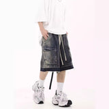 Jinquedai dti outfits High Street Ro Style Washed Tooling Dad Pants Vintage Shorts Irregular Damage Wear Denim Shorts