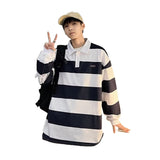 Jinquedai outfits for men Retro Color Matching Striped Long-Sleeved Polo Shirt Men's Fashion Brand Loose Boyfriend Style Couple Casual Sweater Jacket jinquedai