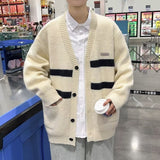Jinquedai masc outfits Cardigan V-neck Sweater Autumn and Winter Men's Sweater Lazy Style Top Striped Color Matching Loose College Coat jinquedai