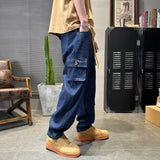 Jinquedai 90s streetwear Primary Color Men's Jeans Trendy Multi-Bag Workwear Jeans Men's Loose Dark Blue Straight Jeans Men's Pants jinquedai