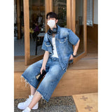 Jinquedai 2024 fall fashion trends Korean Style Trendy Niche Lapel Short Sleeve Frayed Edge Denim Suit Casual Loose Straight Washed Denim Cropped Pants jinquedai